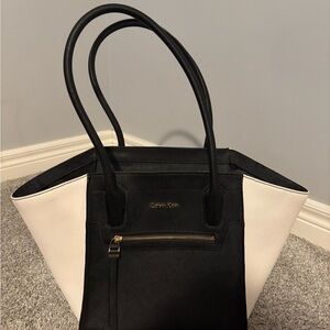 Calvin Klein Black and White Colorblock Tote with Gold Zip